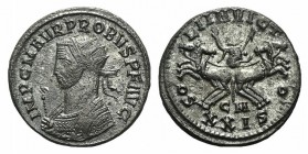 Probus (276-282). Radiate (21mm, 3.67g, 6h). Cyzicus, AD 281. Radiate bust l. in imperial mantle, holding sceptre surmounted by eagle. R/ Sol driving ...