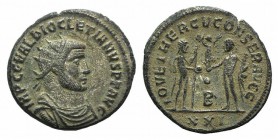 Diocletian (284-305). Radiate (20mm, 4.05g, 12h). Antioch, 285-293. Radiate, draped and cuirassed bust r. R/ Jupiter standing r., holding sceptre and ...