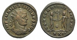 Maximianus (286-305). Radiate (21 mm, 4.51g, 7h). Cyzicus, AD 293. Radiate and cuirassed bust r. R/ Jupiter presents Victory on a globe to Maximianus;...