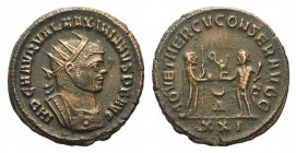 Maximianus (286-305). Radiate (21mm, 3.78g, 12h). Antioch, AD 285-295. Radiate and cuirassed bust r. R/ Jupiter standing r., holding sceptre and globe...