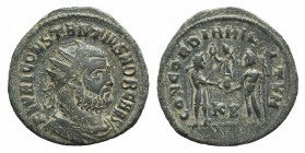 Constantius I (Caesar, 293-305). Radiate (20mm, 2.48g, 12h). Cyzicus, 295-9. Radiate, draped and cuirassed bust r. R/ Constantius standing r., receivi...