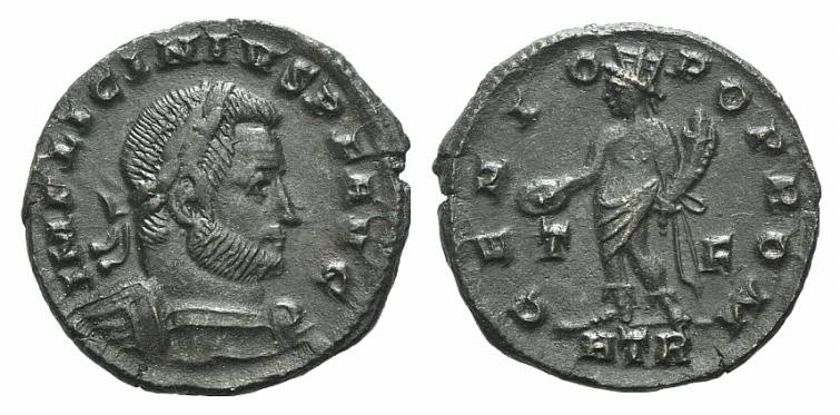 Licinius I (308-324). Æ Follis (19mm, 2.86g, 12h). Treveri, AD 316. Laureate, dr...