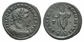 Constantine I (307/310-337). Æ Follis (21mm, 4.40g, 6h). Treveri, AD 316. Laureate and cuirassed bust r. R/ Sol standing facing, head l., chlamys over...