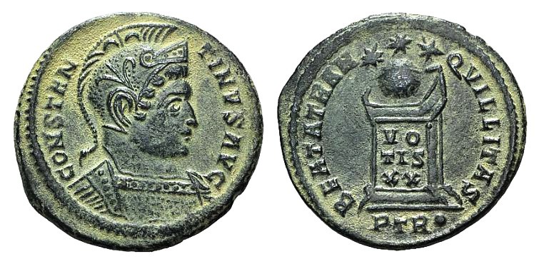 Constantine I (307/310-337). Æ Follis (19mm, 2.94g, 6h). Treveri, AD 322. Helmet...