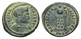 Constantine I (307/310-337). Æ Follis (19mm, 2.94g, 6h). Treveri, AD 322. Helmeted and cuirassed bust r. R/ Globe set on altar inscribed VO/TIS/XX in ...