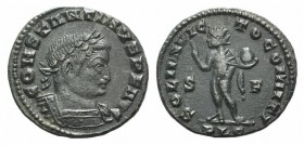 Constantine I (307/310-337). Æ Follis (22mm, 3.85g, 6h). Lugdunum, 313-4. Laureate, draped, and cuirassed bust r. R/ Sol standing l., raising r. hand,...