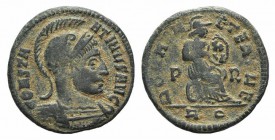 Constantine I (307/310-337). Æ Follis (17mm, 2.55g, 6h). Rome AD 318-9. Helmeted and cuirassed bust r. R/ Roma seated r. on round shield, holding insc...