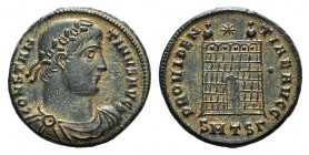 Constantine I (307/310-337). Æ Follis (19mm, 3.39g, 6h). Thessalonica, 326-8. Diademed, draped and cuirassed bust r. R/ Camp-gate with two turrets; st...