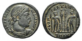Constantine I (307/310-337). Æ Follis (16mm, 2.39g, 12h). Antioch, c. 333-5. Rosette-diademed, draped and cuirassed bust r. R/ Two soldiers standing f...