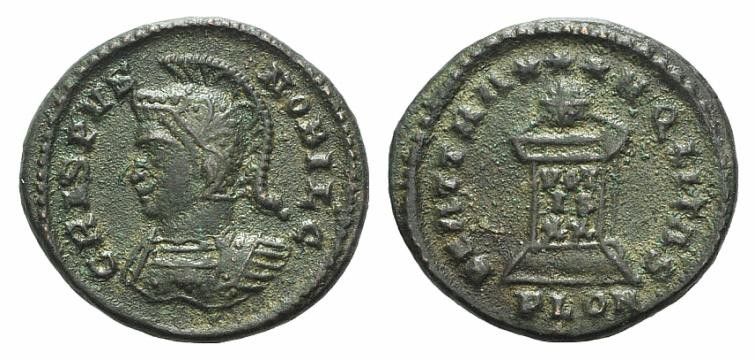 Crispus (Caesar, 316-326). Æ Follis (19mm, 3.58g, 6h). Londinium, 323-4. Helmete...