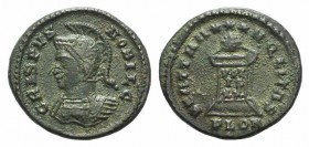 Crispus (Caesar, 316-326). Æ Follis (19mm, 3.58g, 6h). Londinium, 323-4. Helmeted and cuirassed bust l. R/ Globe set on altar inscribed VOT / IS / XX;...