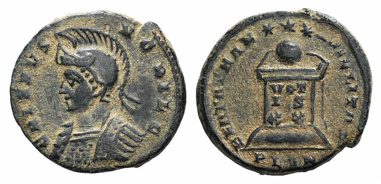 Crispus (Caesar, 316-326). Æ Follis (17mm, 3.67g, 6h). Londinium, 323-4. Helmete...