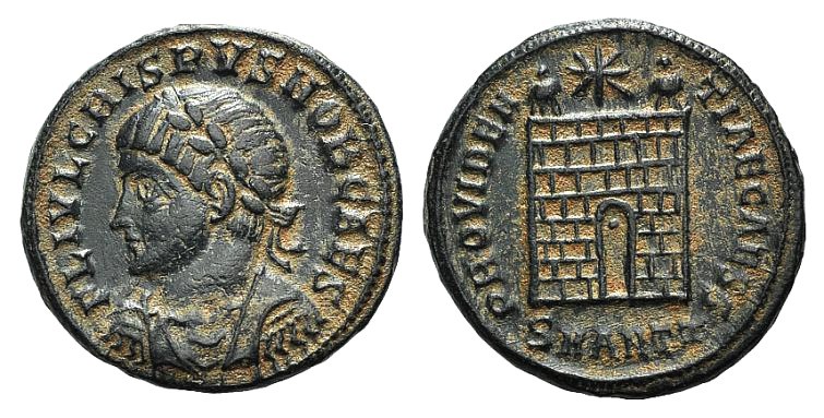Crispus (Caesar, 316-326). Æ Follis (19mm, 3.56g, 11h). Antioch, 324-5. Laureate...