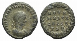 Constantine II (Caesar, 316-337). Æ Follis (17mm, 2.90g, 12h). Thessalonica, 318-9. Llaureate and cuirassed bust r. R/ VOT V / MVLT X / CAESS / TSB in...