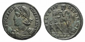 Constantius II (337-361). Æ (20mm, 4.50g, 11h). Constantinople, 330-355. Pearl-diademed, draped and cuirassed bust l., holding globe. R/ Emperor in mi...