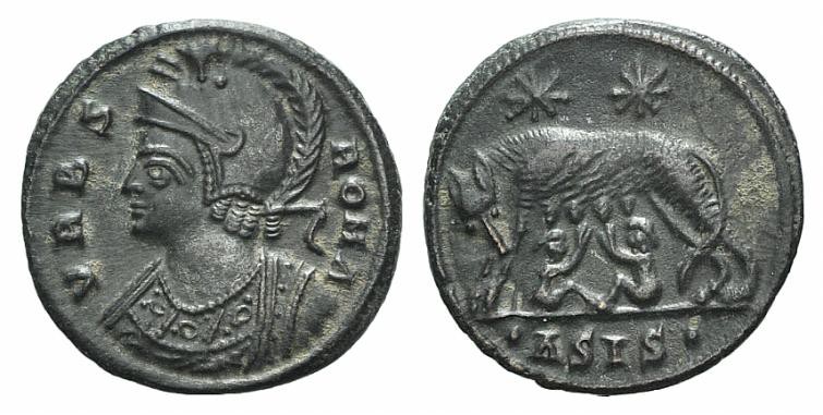 Commemorative Series, 330-354. Æ Follis (17mm, 2.15g, 6h). Siscia, 334-5. Helmet...