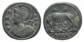 Commemorative Series, 330-354. Æ Follis (17mm, 2.15g, 6h). Siscia, 334-5. Helmeted and mantled bust of Roma l. R/ She-wolf standing l., suckling the t...