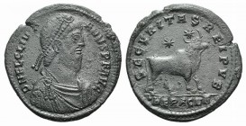 Julian II (360-363). Æ (29mm, 8.69g, 11h). Heraclea, 361-3. Pearl-diademed, draped and cuirassed bust r. R/ Bull standing r., head facing; two stars a...