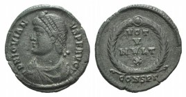 Jovian (363-364). Æ (20mm, 2.68g, 6h). Constantinople, 363-4. Diademed, draped, and cuirassed bust l. R/ VOT/ V/ MVLT/ X in four lines within wreath; ...