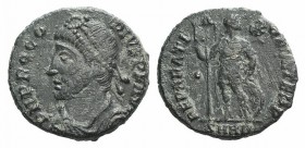 Procopius (Usurper, 365-366). Æ (17mm, 3.36g, 6h). Heraclea. Pearl-diademed, draped and cuirassed bust l. R/ Procopius standing facing, head r., holdi...