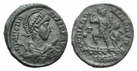 Theodosius I (379-395). Æ (22mm, 4.63g, 6h). Nicomedia, 383-6. Helmeted, draped and cuirassed bust r., holding spear and shield. R/ Emperor in militar...