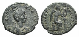 Aelia Eudoxia (Augusta, 400-404). Æ (16mm, 3.09g, 12h). Nicomedia, 401-3. Diademed and draped bust r.; manus Dei above. R/ Victory seated r., inscribi...