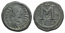 Anastasius I (491-518). Æ 40 Nummi (25mm, 8.66g, 6h). Constantinople, 507-512. Diademed, draped and cuirassed bust r. R/ Large M; cross above, stars f...