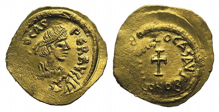 Phocas (602-610). AV Tremissis (17mm, 1.40g, 7h). Constantinople, 603-607(?). Pe...