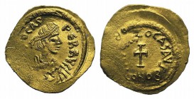Phocas (602-610). AV Tremissis (17mm, 1.40g, 7h). Constantinople, 603-607(?). Pearl-diademed, draped and cuirassed bust r. R/ Cross potent. MIBE 26A; ...