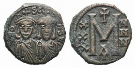 Leo III and Constantine V (717-741). Æ 40 Nummi (22mm, 5.75g, 6h). Constantinople, c. 735-741. Crowned facing busts of Leo and Constantine, each holdi...