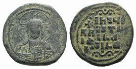 Anonymous, c. 976-1025. Æ 40 Nummi (34mm, 17.46g, 6h), Constantinople. Facing bust of Christ, holding Gospels; two pellets in each limb of nimbus. R/ ...