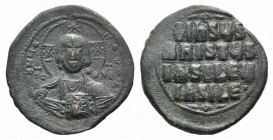 Anonymous, c. 976-1025. Æ 40 Nummi (31mm, 12.43g, 6h), Constantinople. Facing bust of Christ, holding Gospels; two pellets in each limb of nimbus. R/ ...