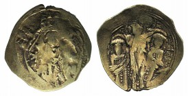 Andronicus II Palaeologus and Michael IX (1282-1328). AV Hyperpyron (23mm, 4.06g, 6h). Constantinople, c. 1294-1303. Half-length figure of the Theotok...