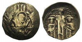 Andronicus II Palaeologus and Michael IX (1282-1328). AV Hyperpyron (22mm, 3.46g, 6h). Constantinople, c. 1294-1303. Half-length figure of the Theotok...