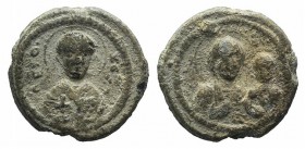 Byzantine Pb Seal, c. 7th-12th century (20mm, 7.32g, 12h). Facing, nimbate bust of Saint, holding cross. R/ Bust of Theotokos facing, with Holy Child....