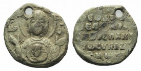 Byzantine Pb Seal, c. 7th-12th century (260mm, 18.37g, 12h). Bust of Theotokos facing, with Holy Child. R/ Legend in five lines. Pierced, scratch on r...