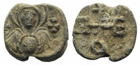 Byzantine Pb Seal, c. 7th-12th century (17mm, 5.22g, 12h). Facing bust of Theotokos between two crosses. R/ Invocative monogram. VF