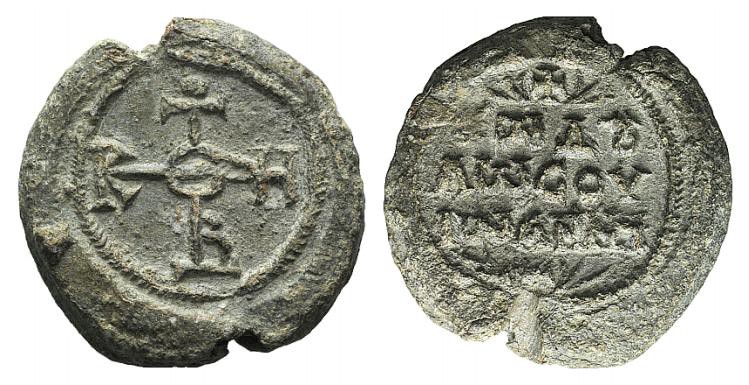 Byzantine Pb Seal, c. 7th-12th century (27mm, 21.35g, 12h). Cruciform monogram. ...