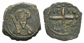 Crusaders, Antioch. Tancred (Regent, 1101-03, 1104-12). Æ Follis (21mm, 3.05g, 6h). Bust of Tancred facing, wearing turban and holding sword. R/ Cross...