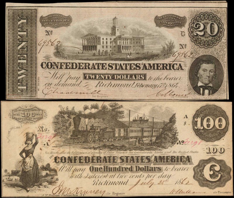 Confederate Currency

Lot of (2) T-39 & T-51. Confederate Currency. 1862 $20 &...