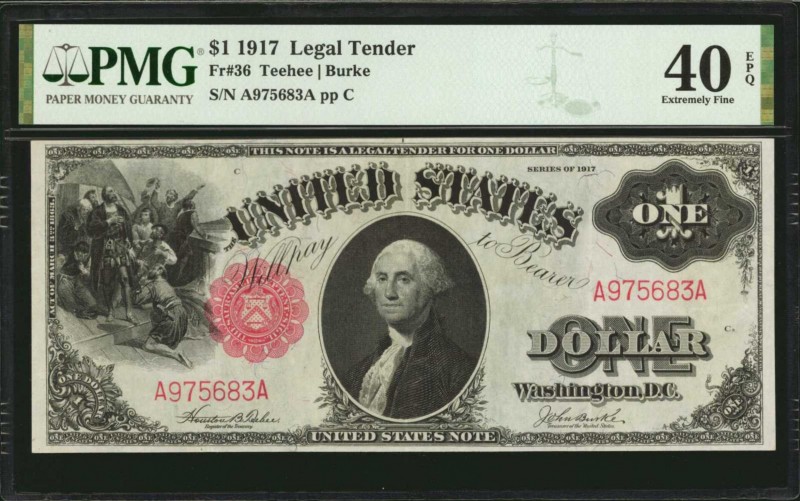 Legal Tender Notes

Fr. 36. 1917 $1 Legal Tender Note. PMG Extremely Fine 40 E...