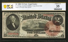 Legal Tender Notes

Fr. 50. 1880 $2 Legal Tender Note. PCGS Banknote Choice Very Fine 35.

A large brown spiked Treasury Seal is featured prominen...