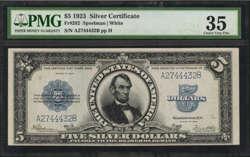 Silver Certificates

Fr. 282. 1923 $5 Silver Certificate. PMG Choice Very Fine...