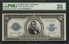 Silver Certificates

Fr. 282. 1923 $5 Silver Certificate. PMG Choice Very Fine 35.

An attractive mid grade Lincoln Porthole note, which offers da...