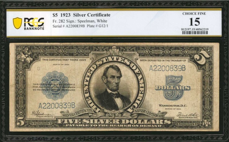 Silver Certificates

Fr. 282. 1923 $5 Silver Certificate. PCGS Banknote Choice...