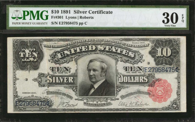 Silver Certificates

Fr. 301. 1891 $10 Silver Certificate. PMG Very Fine 30 EP...