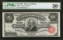 Silver Certificates

Fr. 301. 1891 $10 Silver Certificate. PMG Very Fine 30 EPQ.

Creamy white paper stands out with a bold design. The ornate bac...