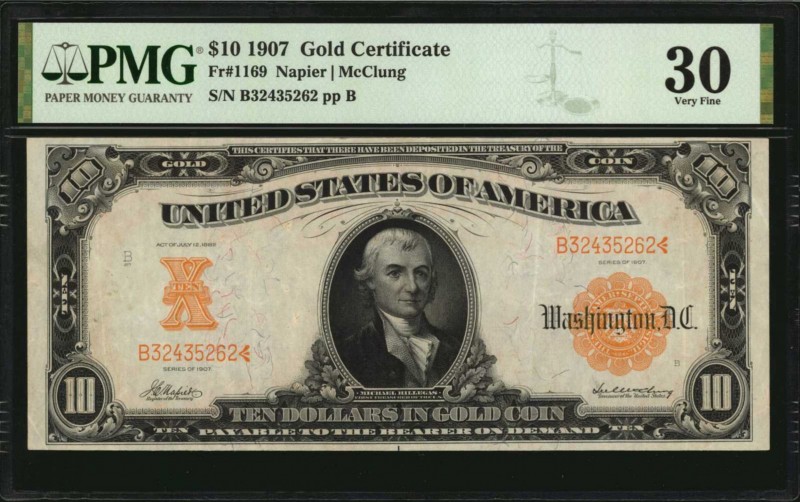 Gold Certificates

Fr. 1169. 1907 $10 Gold Certificate. PMG Very Fine 30.

A...