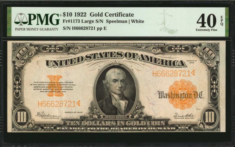 Gold Certificates

Fr. 1173. 1922 $10 Gold Certificate. PMG Extremely Fine 40 ...