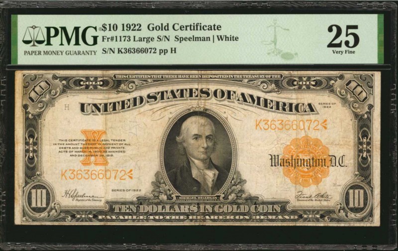 Gold Certificates

Fr. 1173. 1922 $10 Gold Certificate. PMG Very Fine 25.

L...